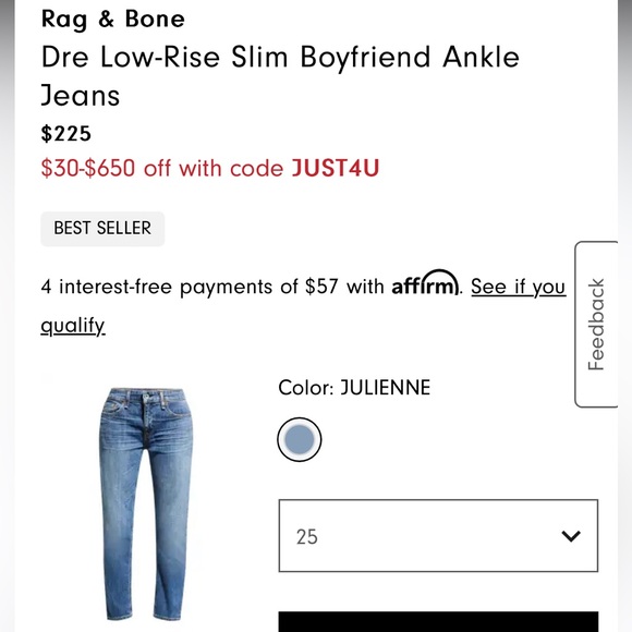 Rag & Bone Dre Low-Rise Slim Boyfriend Ankle
Jeans, size 25, light wash - Picture 3 of 8